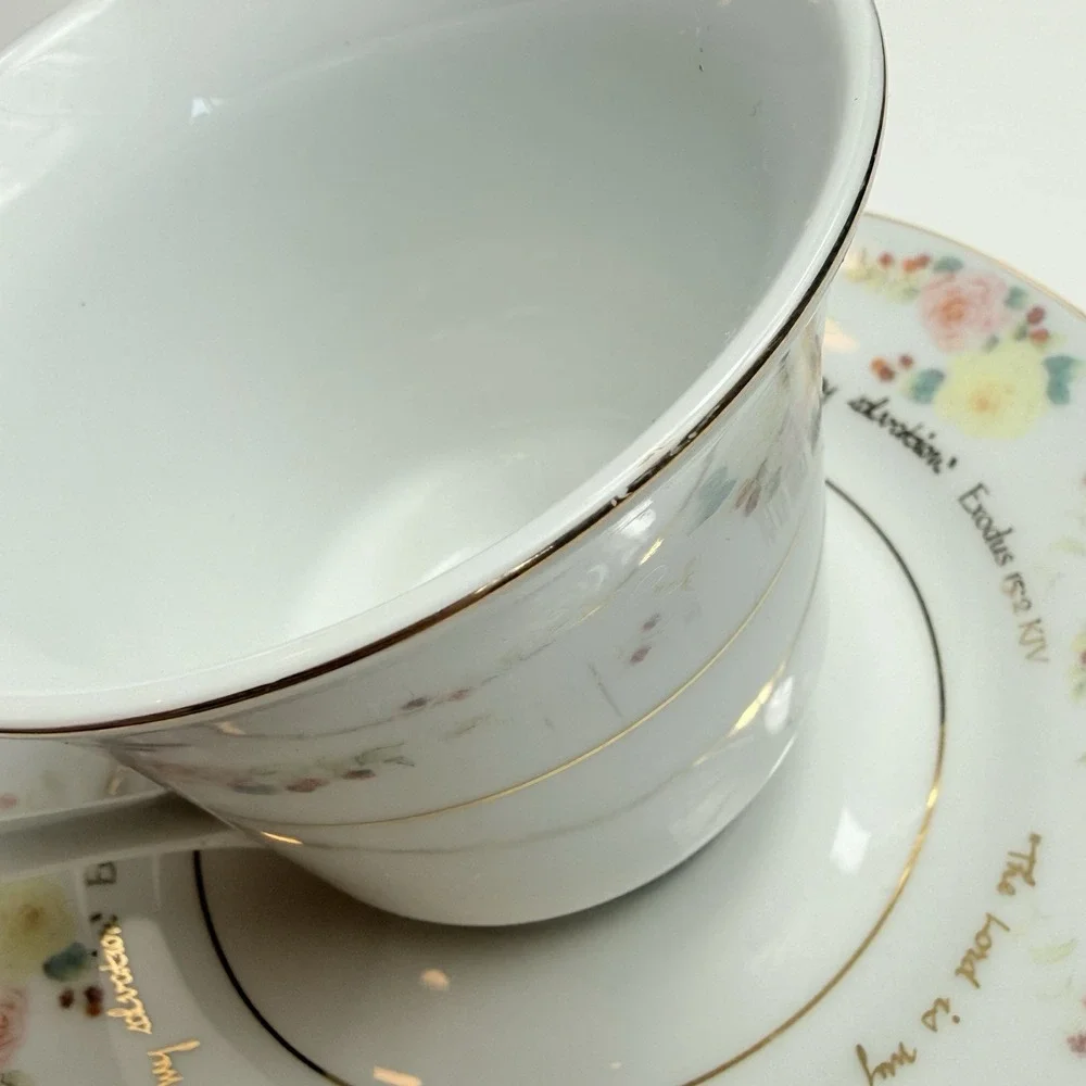 Vintage DaySpring Scripture Teacup Saucer Set Exodus KJV Christian Floral Gold